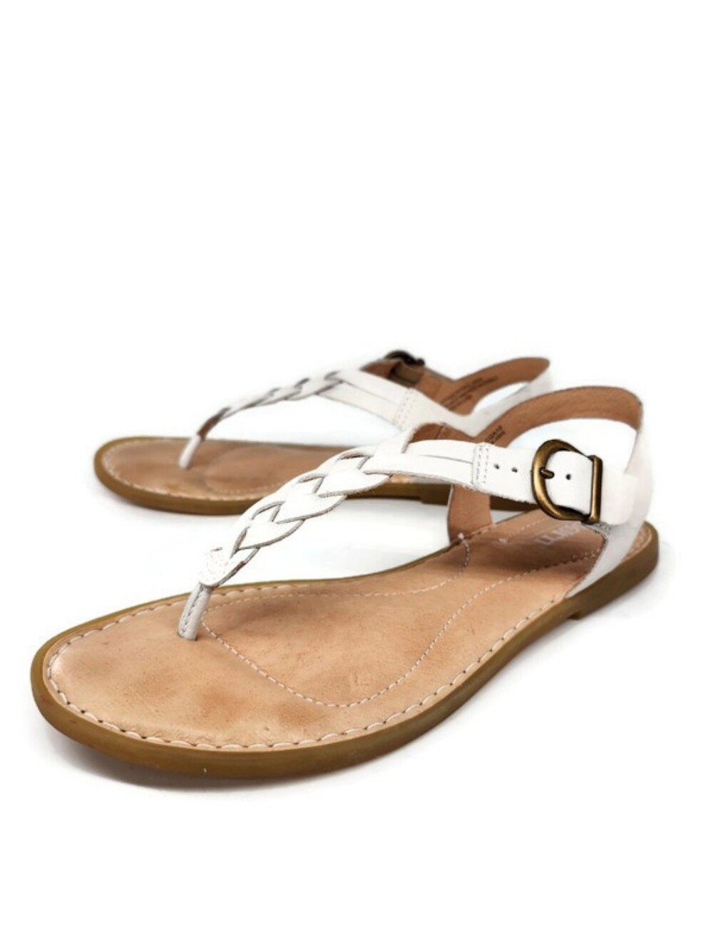 Born Lake White Leather Braided T-Strap T-Post Slingback Buckle Flat Sandals